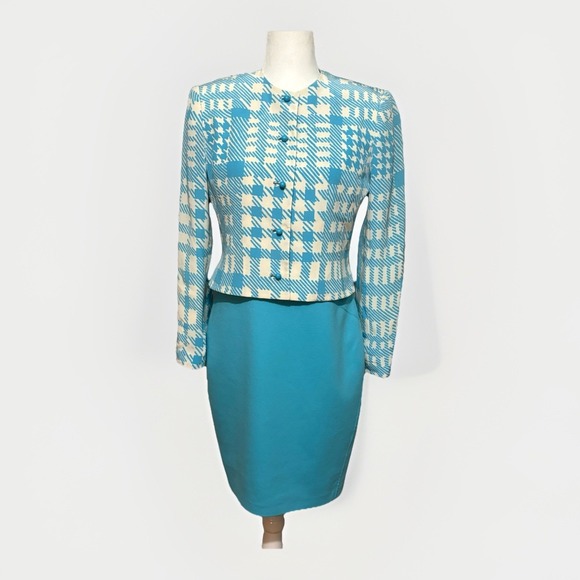 David Hayes Dresses & Skirts - VTG David Hayes Montaldos Silk Sheath Dress Jacket Set 6 Blue White Designer 80s